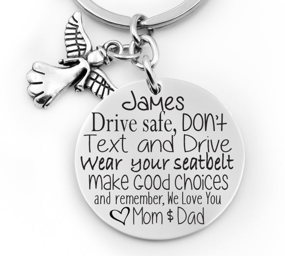 New driver key chain, Sweet 16, Birthday gift, New car gift, stainless steel key chain, Dont text and drive, make good choices