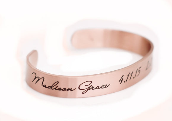 mothers Gift - bracelet for new mom, custom birth stats bracelet with name, rose gold cuff