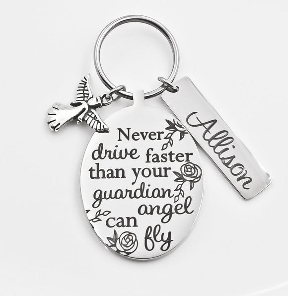 Custom Never drive faster than your guardian angel can fly keychain, key chain for ne driver, sweet 16